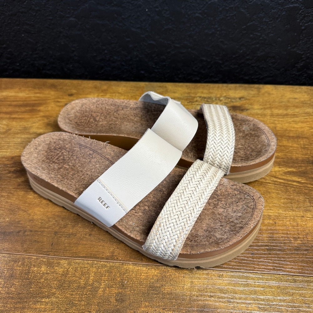 Reef Cushion Vista Hi Cream Woven Platform Slide Sandals Womens 9